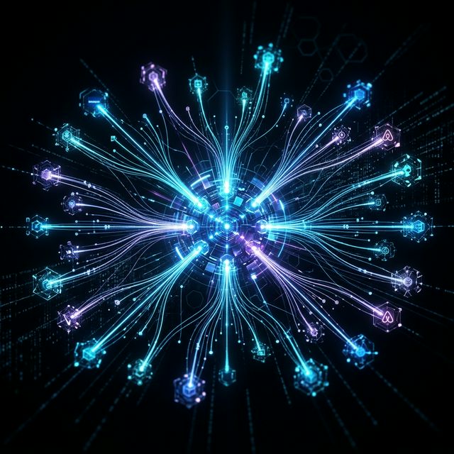 High-tech abstract visualization representing a hotel channel manager connecting to multiple online travel distribution networks