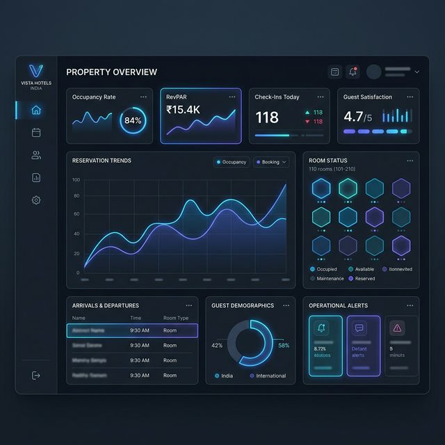 Futuristic dark mode dashboard interface for a luxury hotel property management system in India