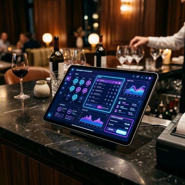 Sleek digital tablet placed on a luxury restaurant counter displaying a high tech futuristic Point of Sale interface