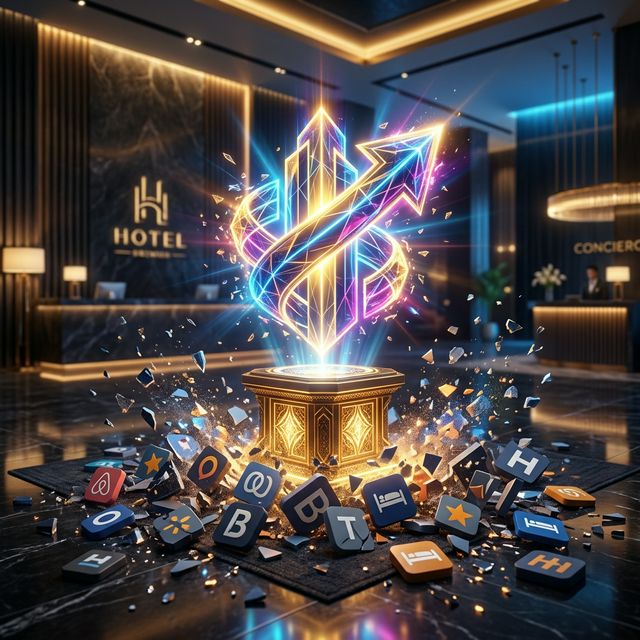 Stylized glowing geometric object floating radiantly above a golden pedestal shattering third-party app logos