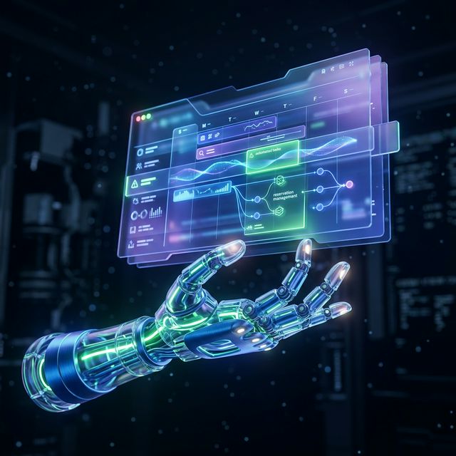 Glowing abstract robotic hand interacting with a floating digital calendar interface
