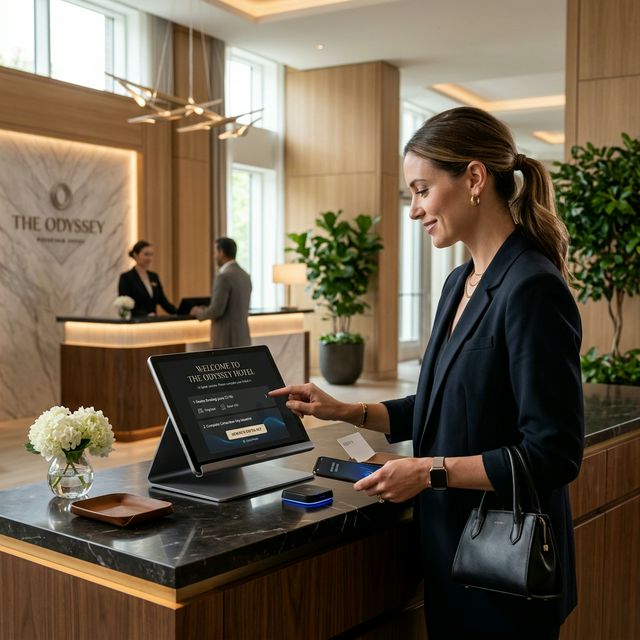 Modern contactless hotel check-in experience with tablet