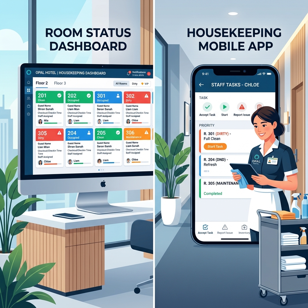 Housekeeping staff using a mobile app to manage cleaning schedules