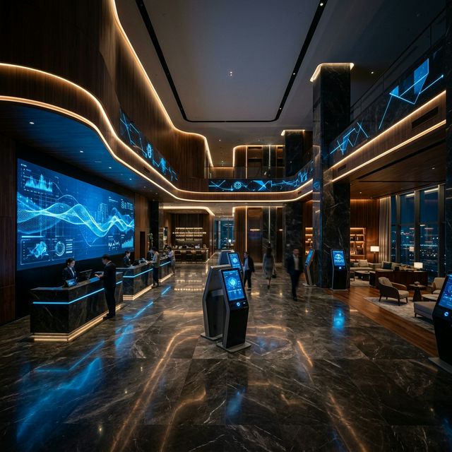 Cinematic wide shot of an ultra-modern luxury hotel lobby at night illuminated by smart digital kiosks