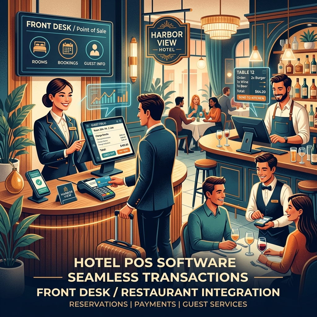 Digital point of sale terminal processing a guest transaction at a hotel bar