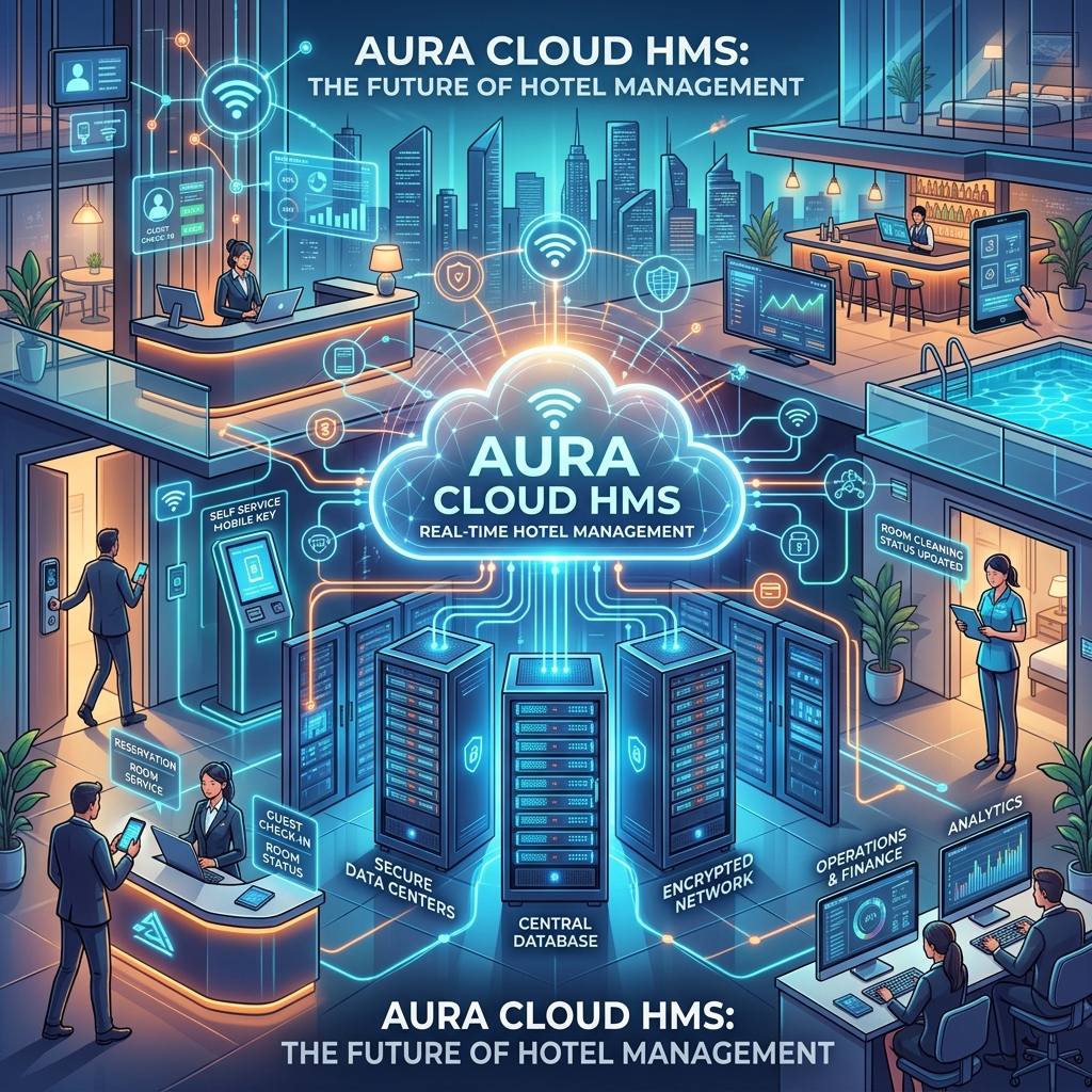 Cloud computing concept illustrating online hotel management software