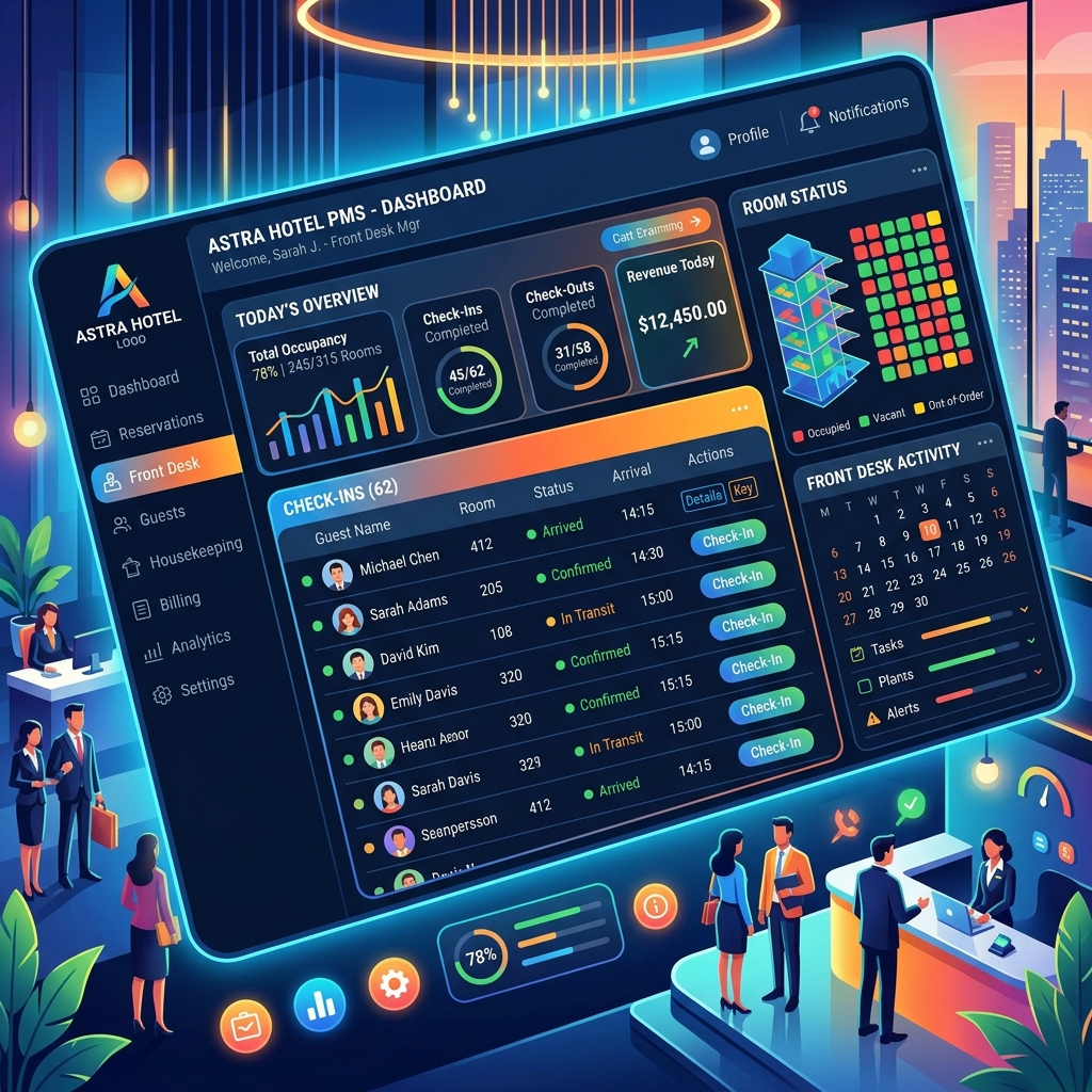 Hotel manager monitoring a comprehensive dashboard interface