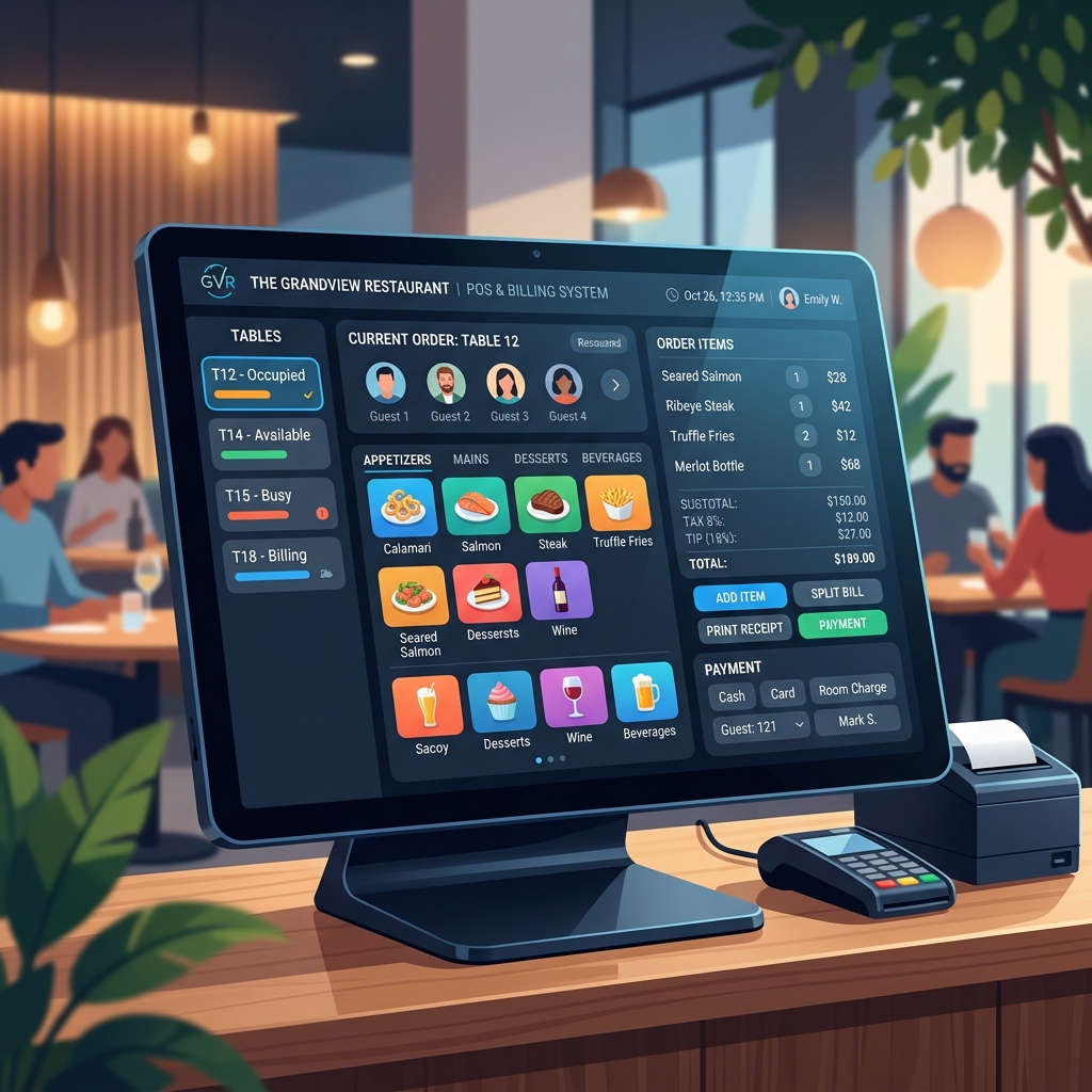 Modern touchscreen POS system in a bustling hotel restaurant