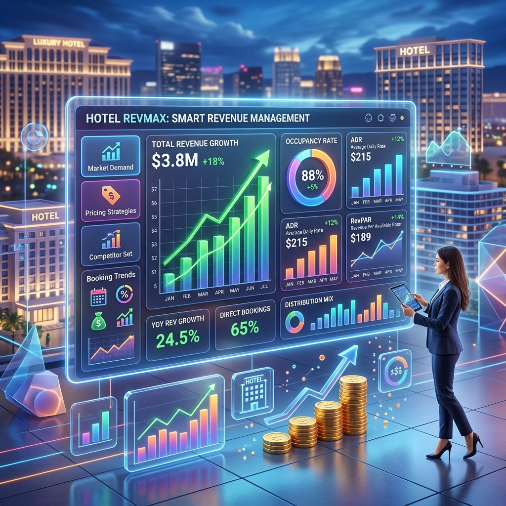 Graphs and charts depicting hotel revenue growth
