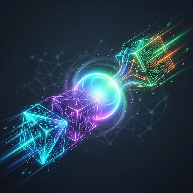 Abstract visual representation of multiple complex software systems merging into one unified core