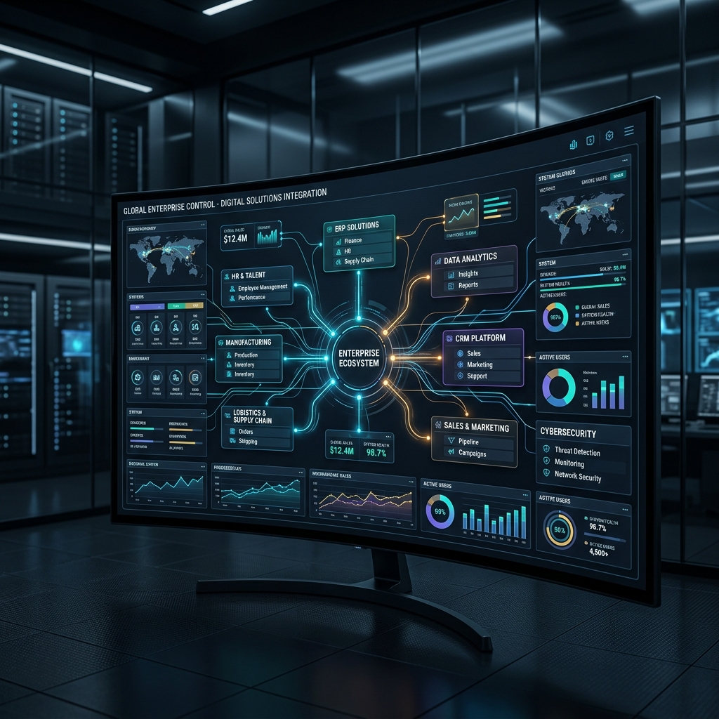 A sleek, cinematic, high-tech dashboard showing various software systems interconnected with glowing lines