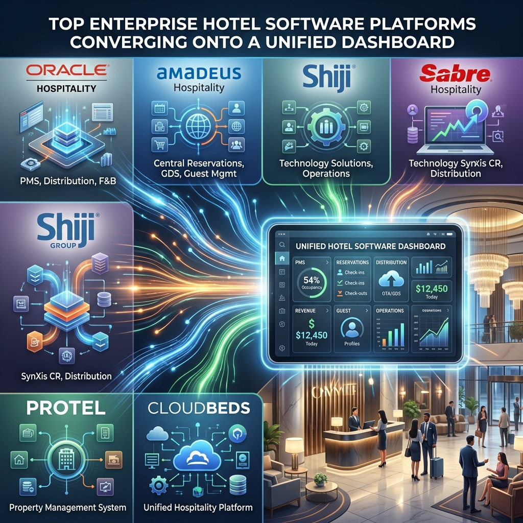 Comparison of top enterprise hotel software companies converging onto a unified dashboard